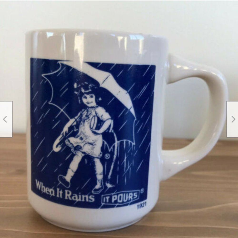 Retro Morton Salt Girl Advertising Coffee Mugs Set of 2 When it Rains it Pours